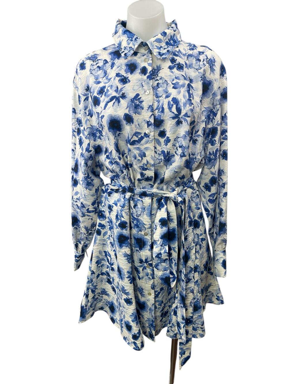 H&M Women's White Blue Floral Belted Long Sleeve Button Down Mini Shirt Dress L